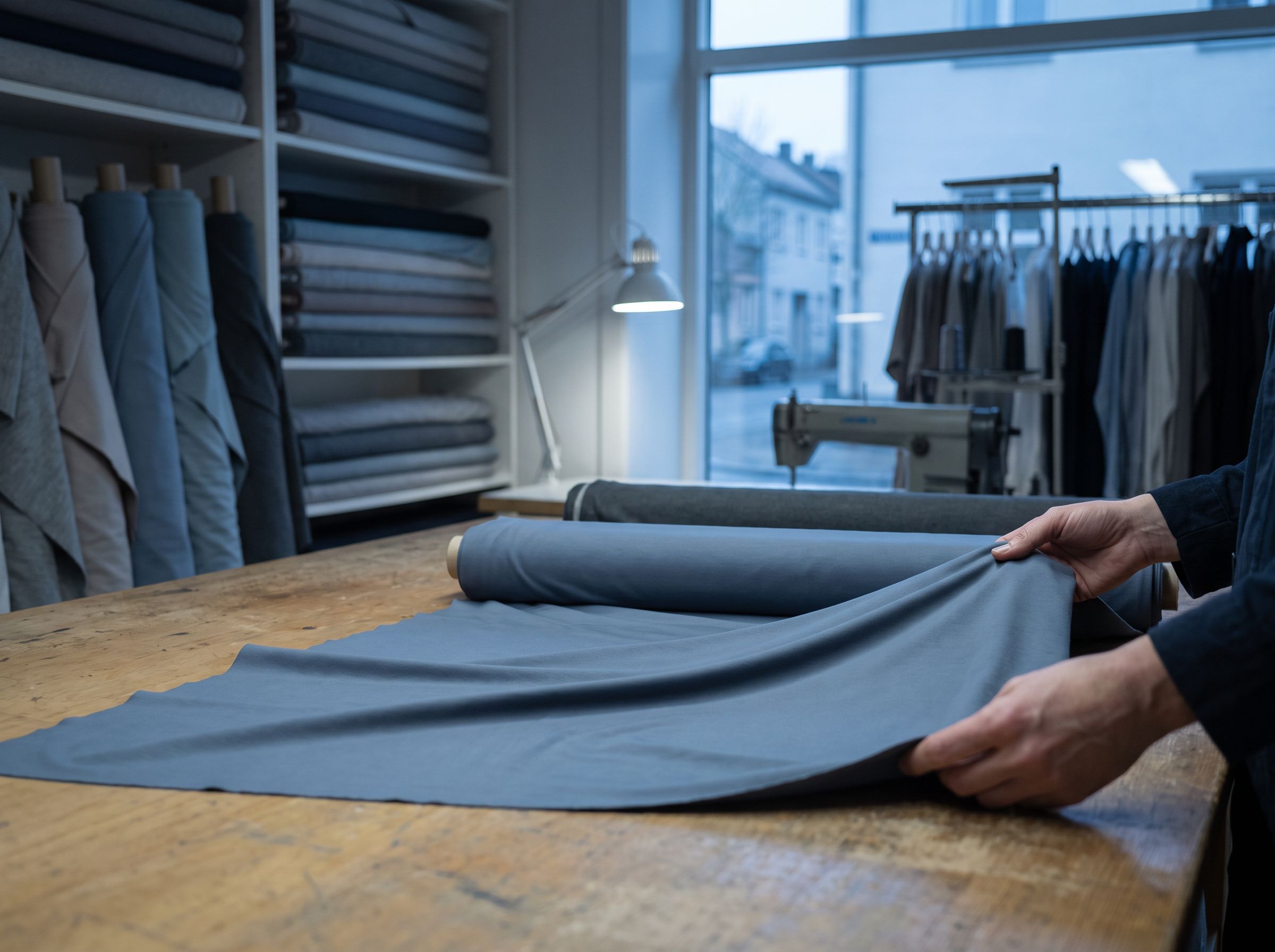 Atelier textile, rouleaux de tissu et housses en préparation